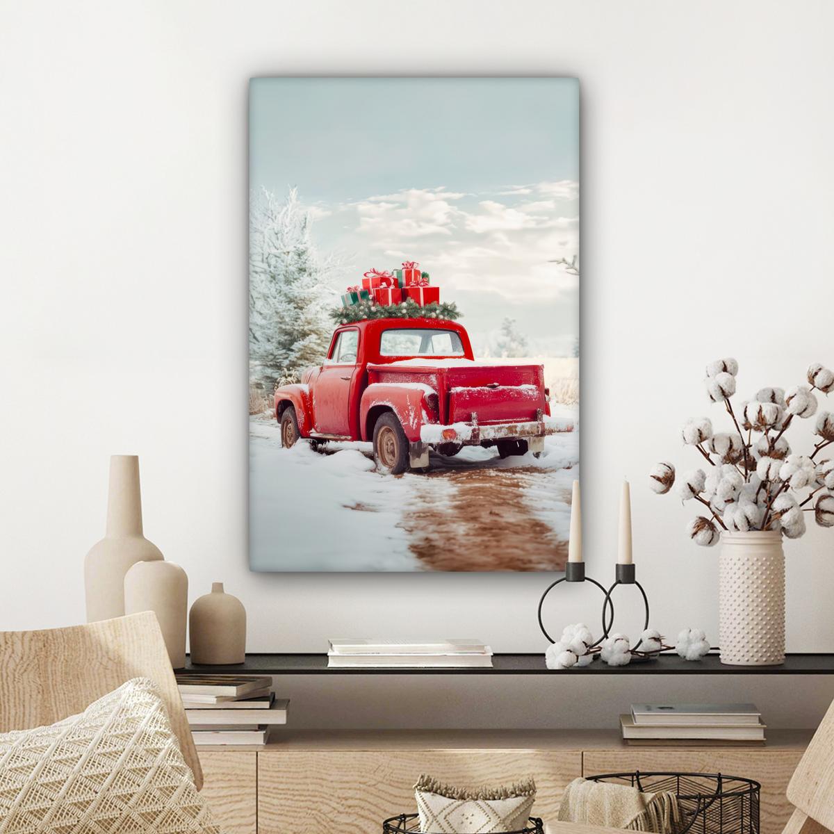 LEINWANDBILD Auto - Rot - Geschenke - Winter - Schnee - Weihnachten Wanddeko 40x60 cm - Rot, Textil (40/60cm) - MuchoWow