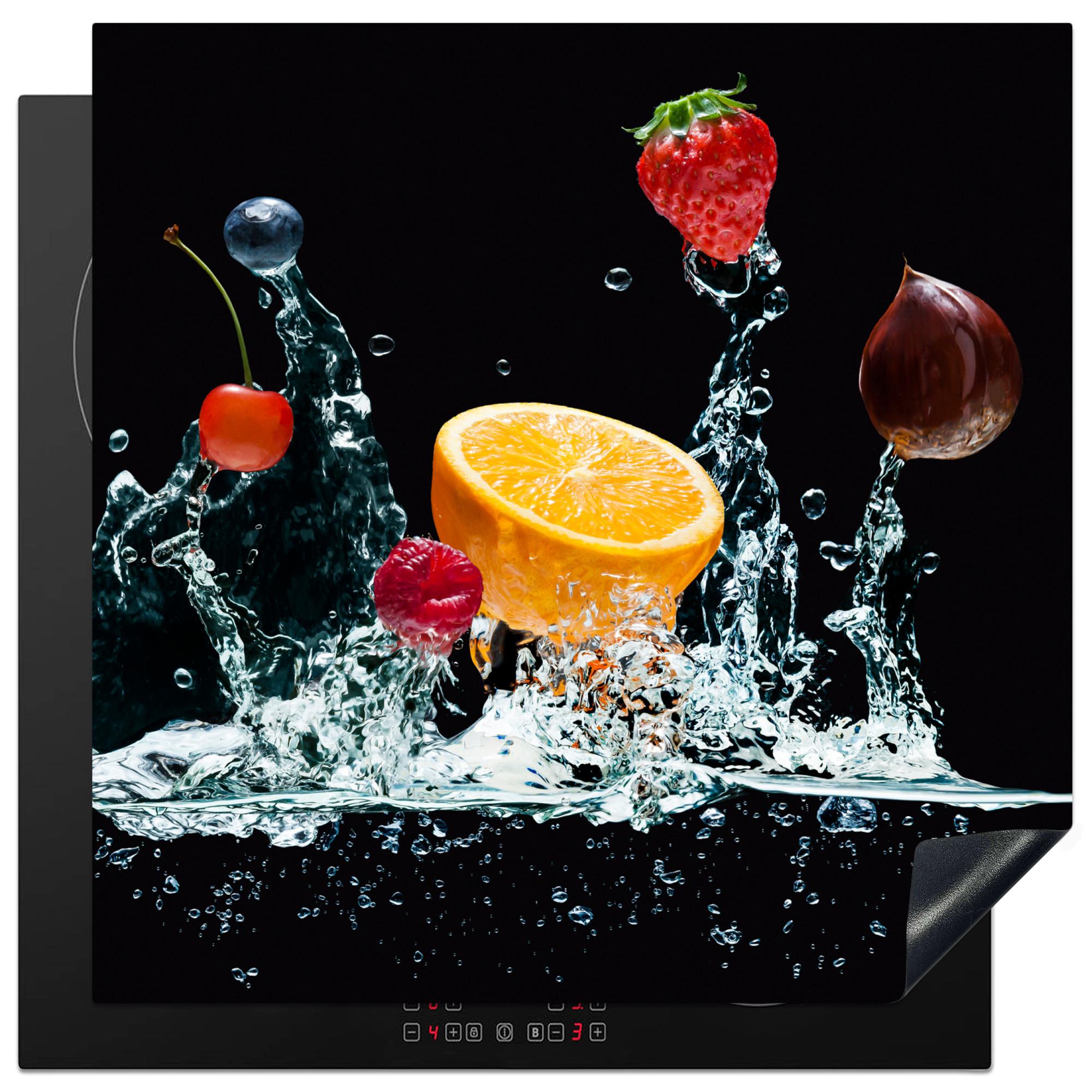 HERDABDECKPLATTE Wasser - Obst - Orange - Erdbeere - Kirsche - Schwarz Induktionsmatte 78x78 cm - Orange, Kunststoff (78/78/0.2cm) - MuchoWow
