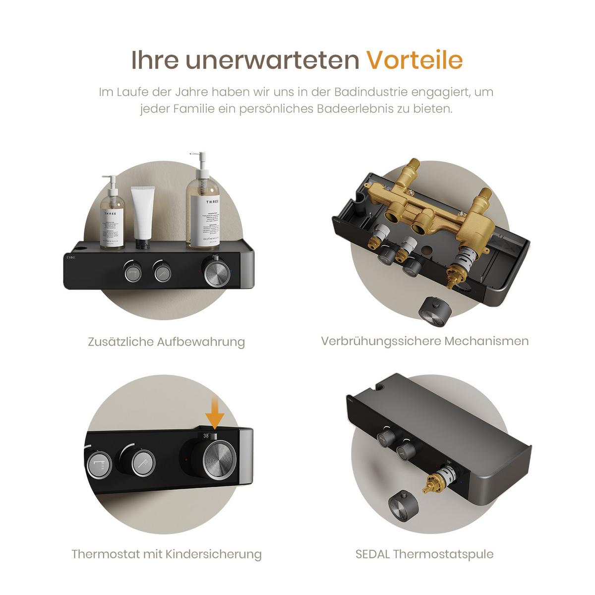 ÜBERKOPFBRAUSESET mit einstellbarer Wasserdurchfluss Anthrazit Matt 115/35,5/15 cm - Anthrazit, Metall (35.5/115/15cm) - EMKE