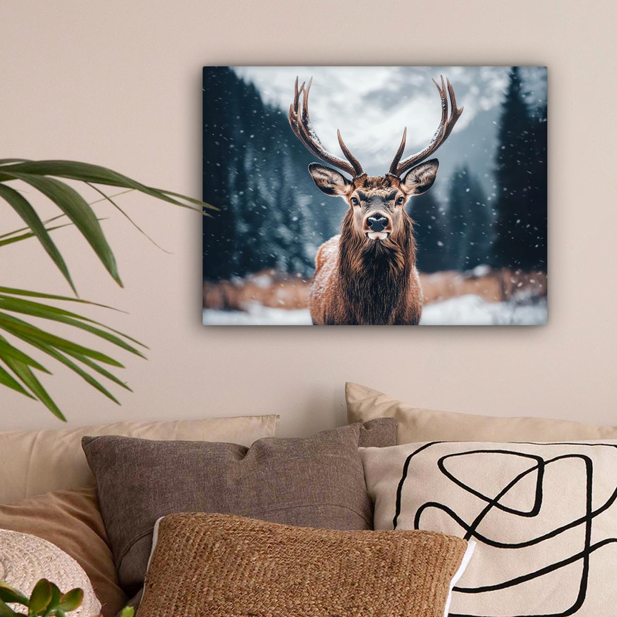 LEINWANDBILD Hirsche - Tiere - Landschaft - Winter - Schnee Wandbild 40x30 cm - Kastanienfarben, Textil (40/30cm) - MuchoWow