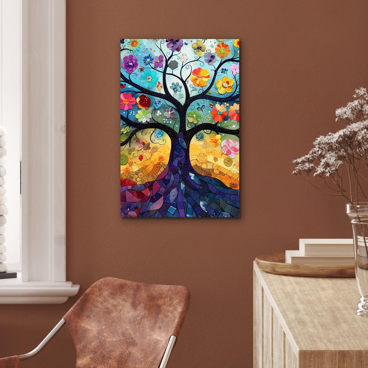 METALLBILD Kunst - Baum des Lebens - Blumen - Hippie Deko Schlafzimmer 40x60 cm - Dunkelblau, Metall (40/60cm) - MuchoWow