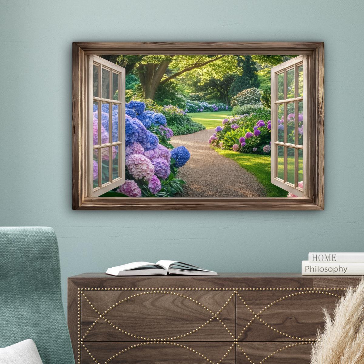 LEINWANDBILD Aussicht - Garten - Fenster - Hortensie - Blumen Wanddeko 90x60 cm - Pastellblau, Textil (90/60cm) - MuchoWow