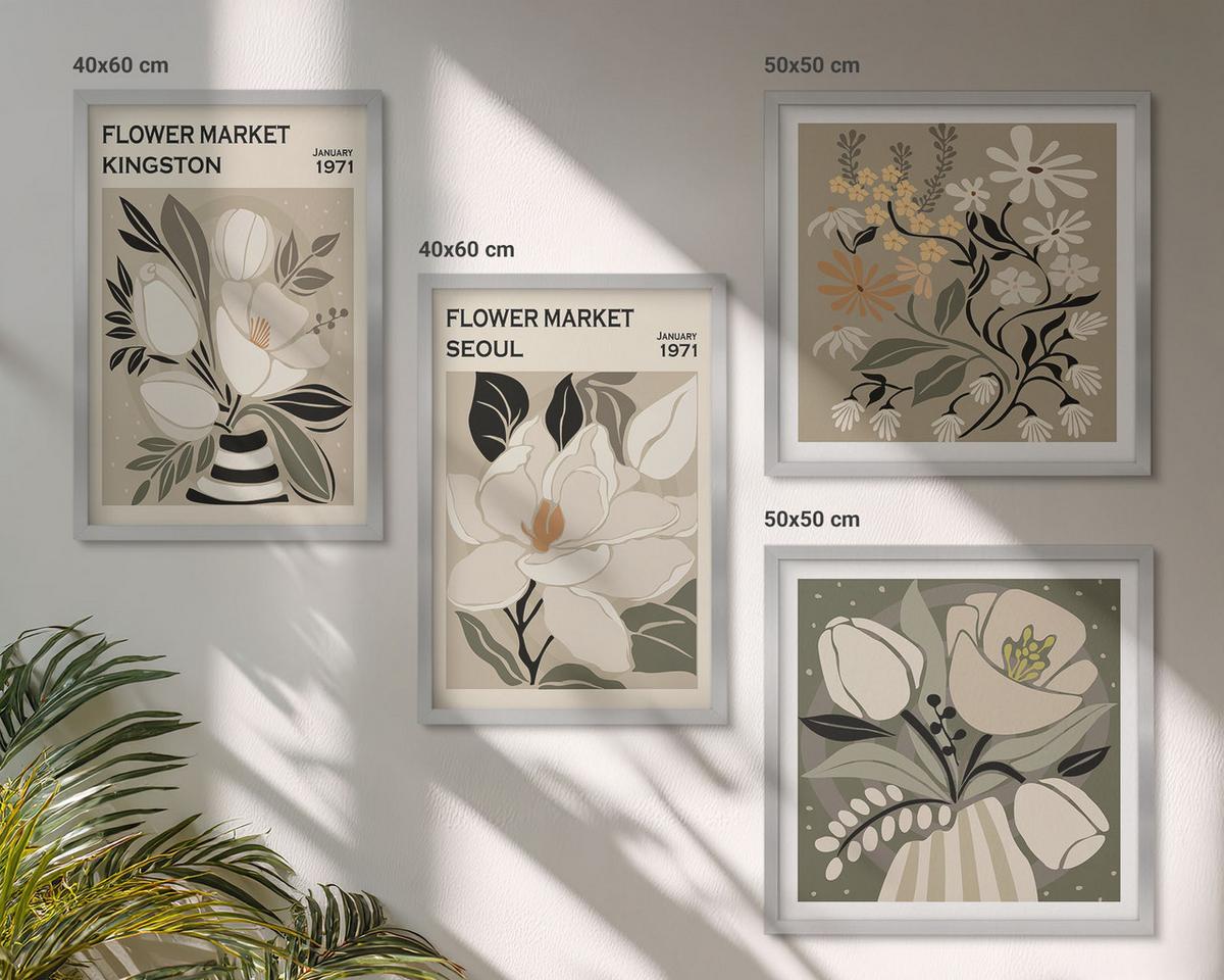 BILDER SET 4er Set - 50x50 cm & 40x60 cm Silberner Rahmen - Kingston Seoul Retro-Blumen - Silberfarben, Kunststoff (50/50cm) - TULUP
