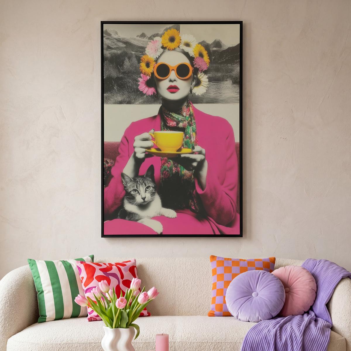 LEINWAND Bilder mit Rahmen - Frau - Katze - Blumen - Tasse - Retro - 90x140 - Magenta, Textil (90/140cm) - MuchoWow