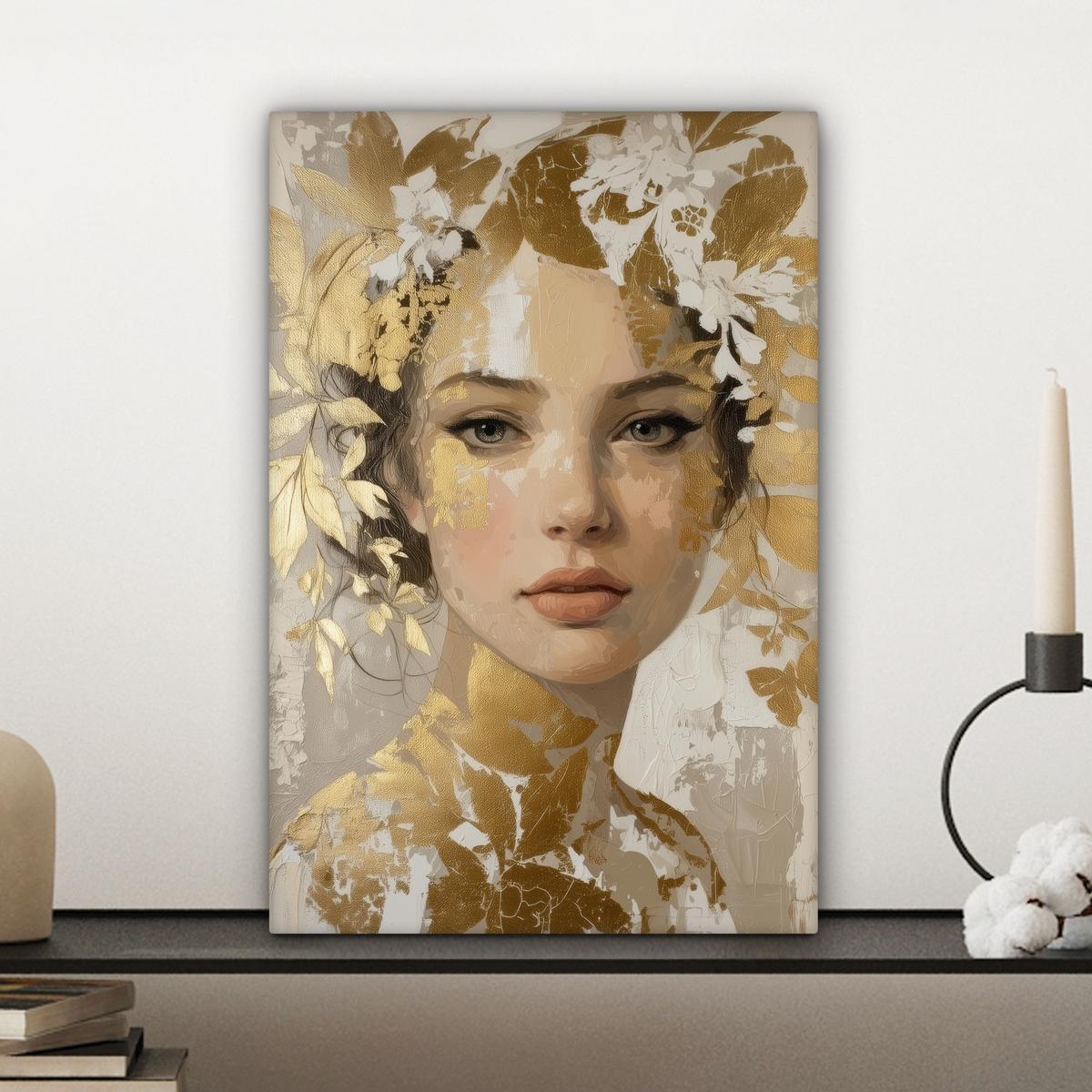 LEINWANDBILD Gesicht - Frau - Blätter - Gold Deko Wohnzimmer 20x30 cm - Beige, Textil (20/30cm) - MuchoWow