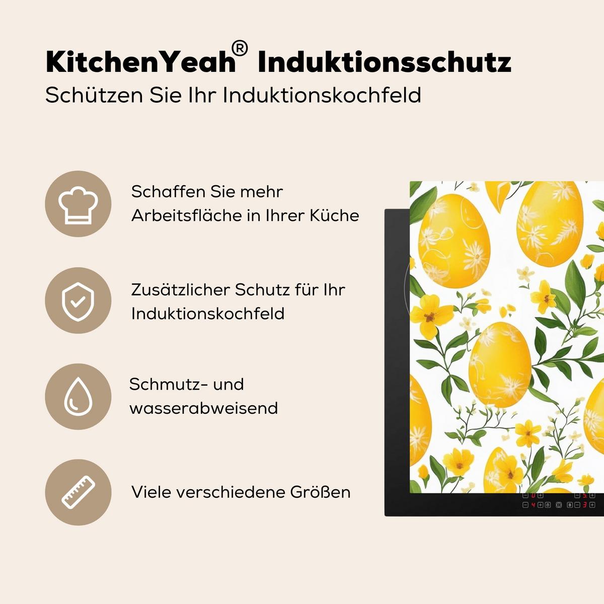 HERDABDECKPLATTE Blumen - Ostereier - Gelb Induktionsmatte 83x51 cm - Gelb, Kunststoff (83/51.5/0.2cm) - MuchoWow