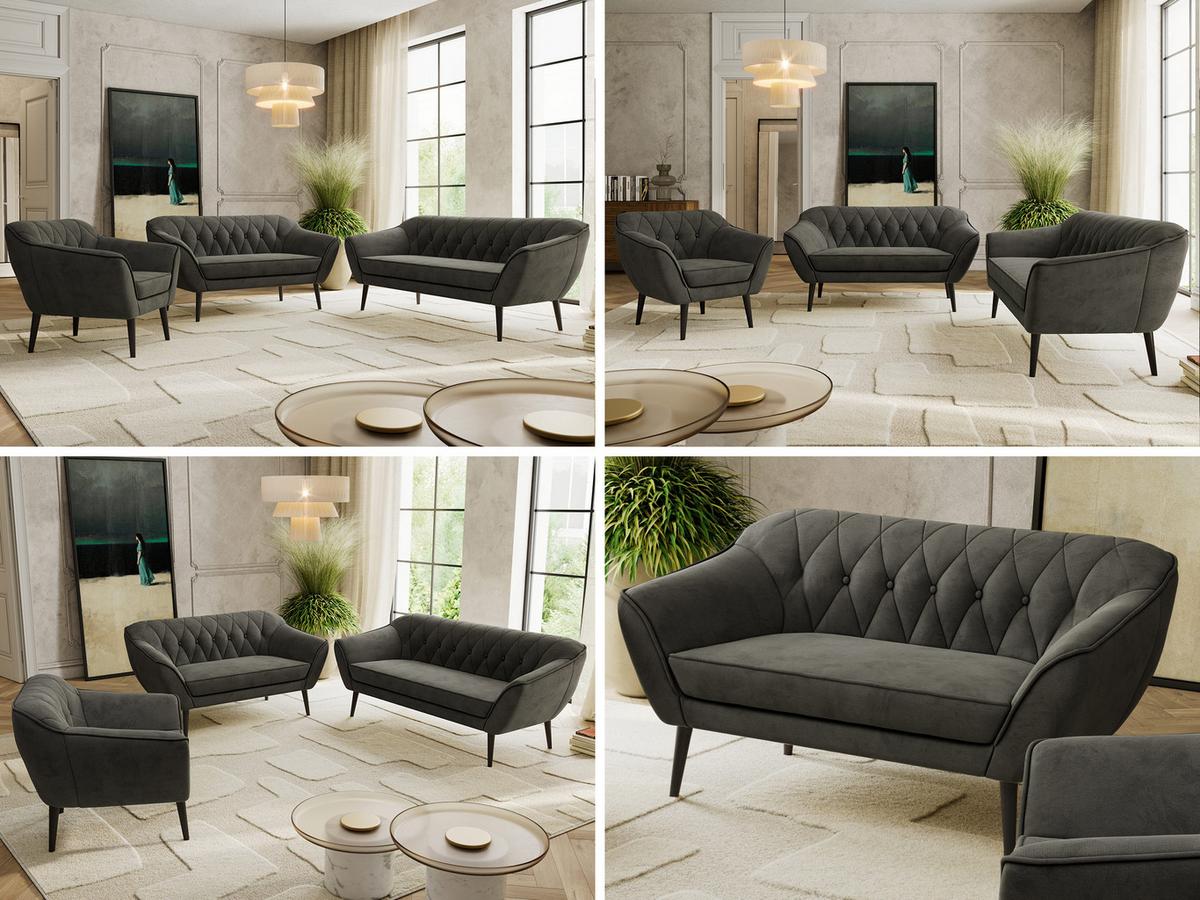 SITZGARNITUR PIRS 3+2+1 - Dunkelgrau Velvet - Schwarze Beine - Dunkelgrau/Schwarz, Holzwerkstoff/Textil (180/75/74cm) - MKS