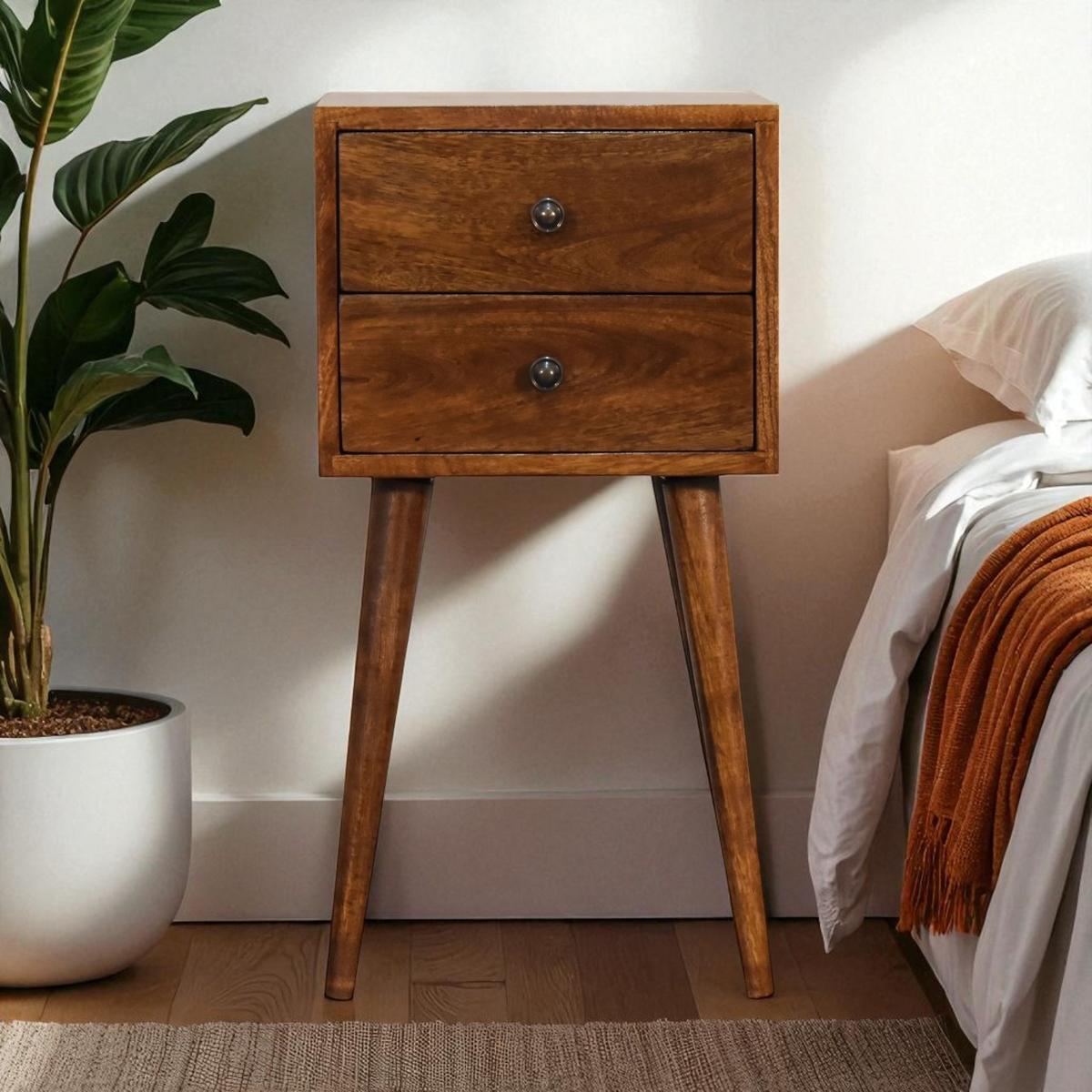 NACHTTISCH MINI KASTANIENHOLZ MIT 2 SCHUBLADEN, NORDISCHE BEINE, BEIGE - Beige/Messingfarben, Holz/Metall (30/57/30cm) - Artisan Furniture