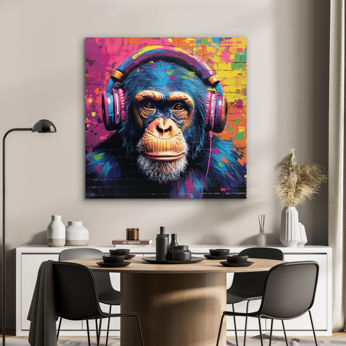 METALLBILD Graffiti - Schimpanse - Straßenkunst - Kopfhörer - Affe 90x90 cm - Blau, Metall (90/90cm) - MuchoWow