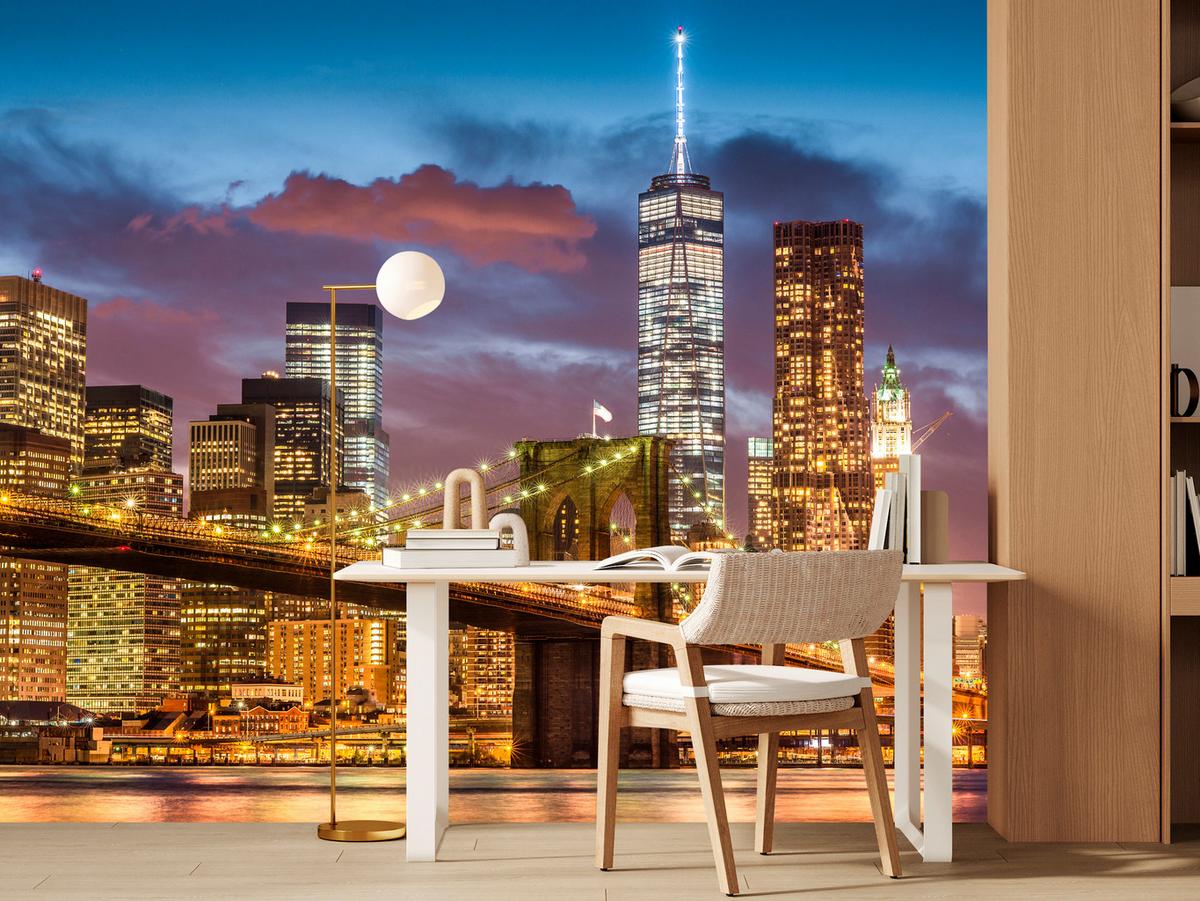 FOTOTAPETE für Wohnzimmer New York Nacht Brooklyn Bridge Wolkenkratzer 200x140 - Blau/Gelb, Papier (200/140cm) - Muralo