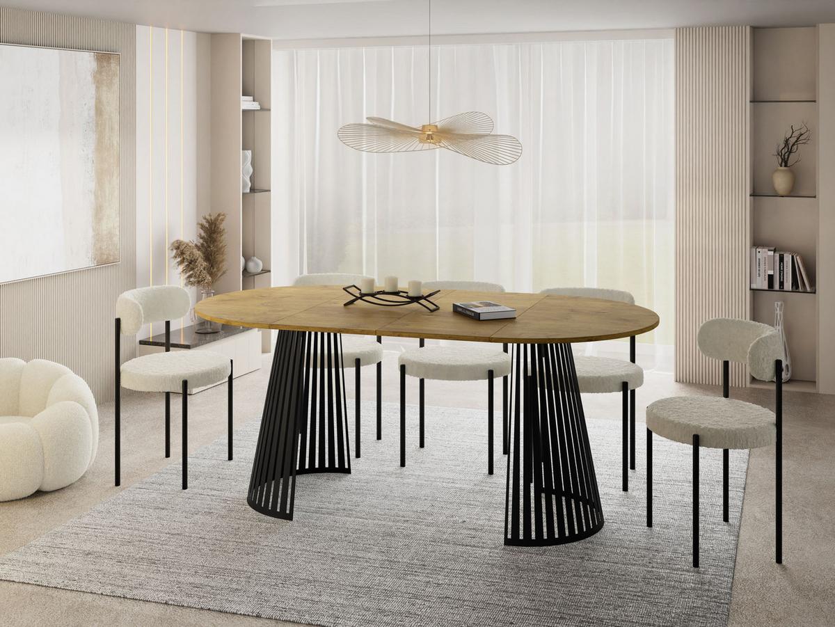 ESSTISCH Naro rund ausziehbar mit Schwarzem Lamellen-Metallgestell, Braun 100-180/100/76 cm - Eichefarben/Schwarz, Holzwerkstoff/Metall (100/176/76cm) - WFL GROUP
