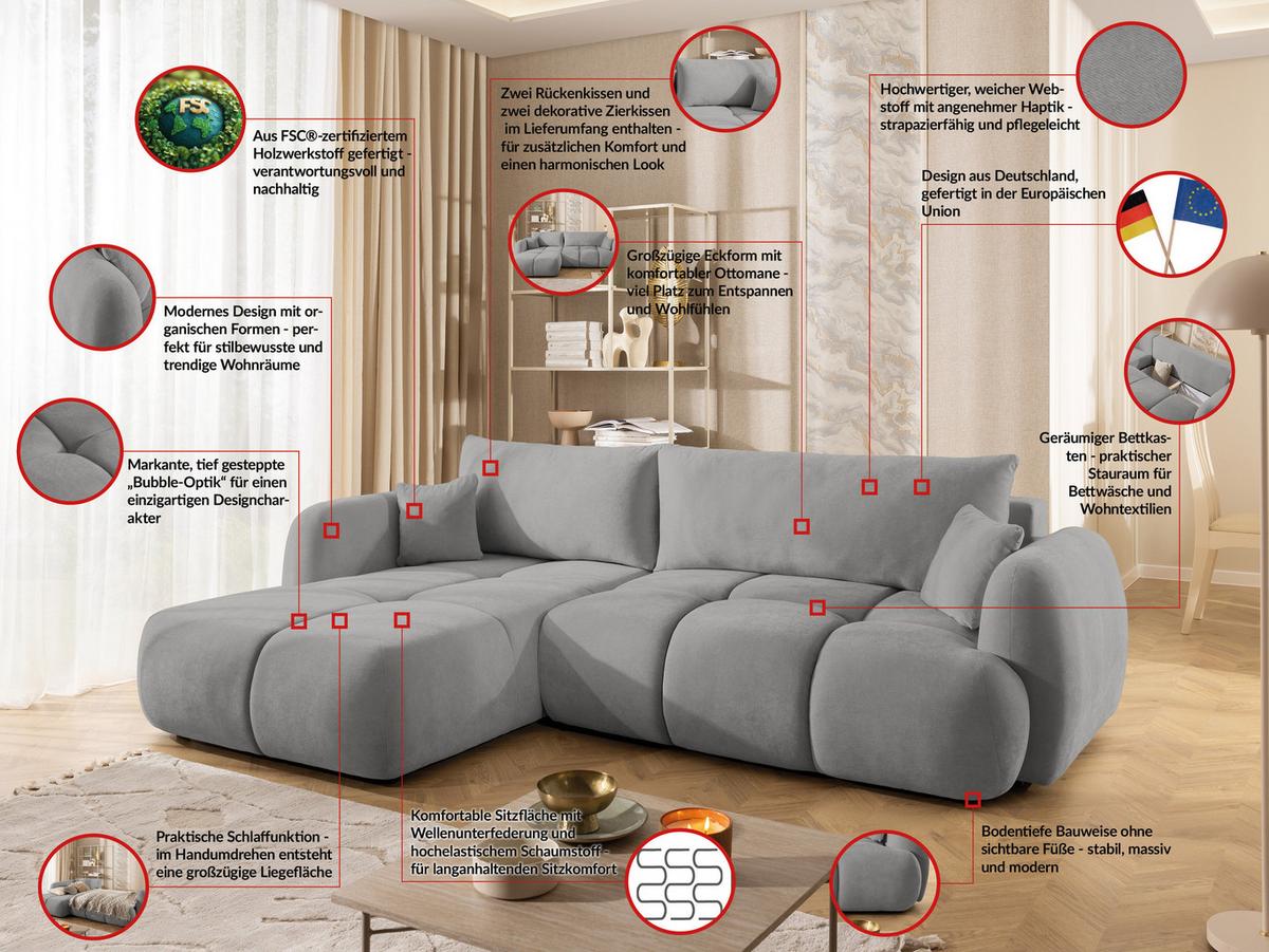 ECKSOFA Loretto aus natürlichem Grau Webstoff mit Schlaffunktion, Bettkasten und tiefen Steppungen in Bubble-Optik - Schwarz/Grau, Holz/Kunststoff (180/275cm) - S-Style