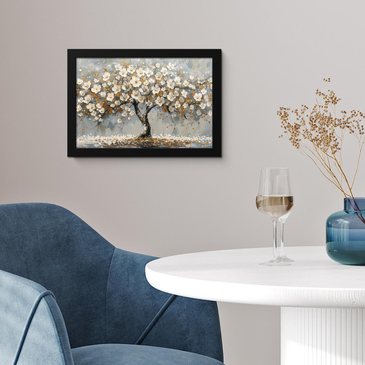 POSTER MIT RAHMENGERAHMTES BILD Baum - Blumen - Weiß - Natur - Kunst 30x20 cm - Weiß, Papier (30/20cm) - MuchoWow