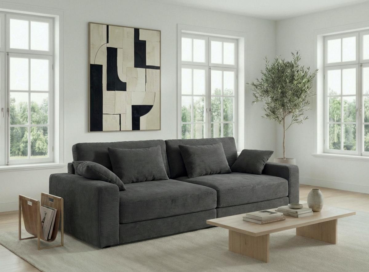 BIG-SOFA mit Federkern B290/T135/H90 cm extratief, Liegefläche 122x240 cm, Cord Dunkelgrau / 15249 - Dunkelgrau/Schwarz, Kunststoff/Textil (290/90/135cm) - luma-home