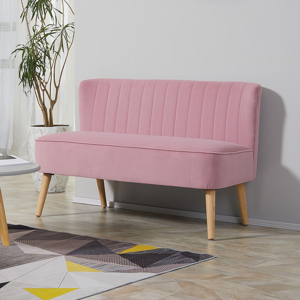 SOFA 2-Sitzer mit verstellbaren Fußpolster Pink - Rosa/Naturfarben, Holz/Textil (56.5/77/117cm) - HOMCOM