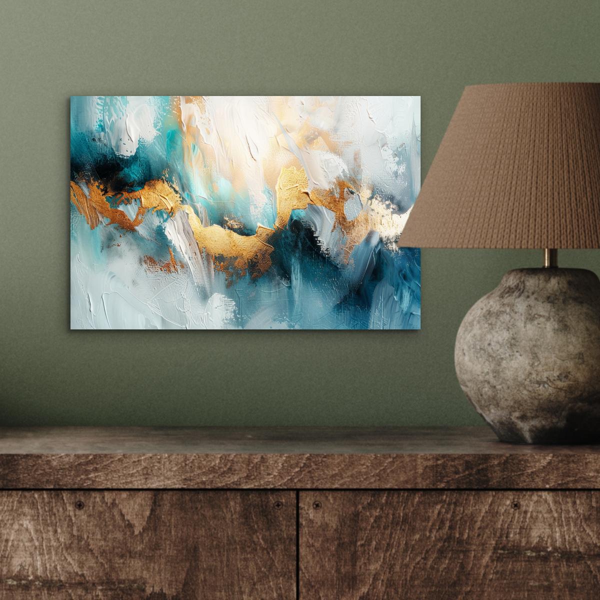 METALLBILD Abstrakt - Kunst - Gold - Blau 30x20 cm - Petrol, Metall (30/20cm) - MuchoWow