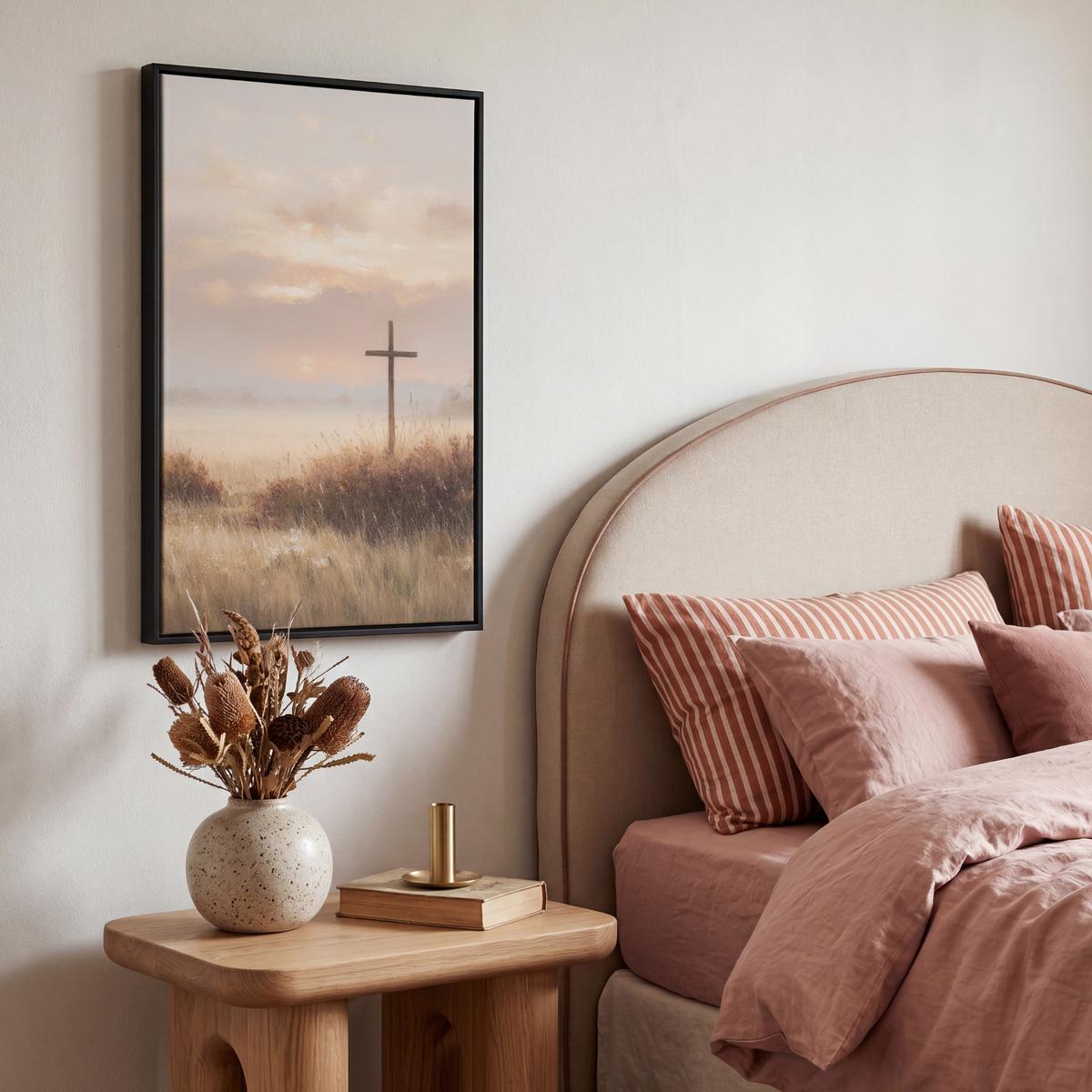 LEINWAND Bilder mit Rahmen - Gras - Morgennebel - Kreuz - Christentum - 40x60 - Beige, Textil (40/60cm) - MuchoWow