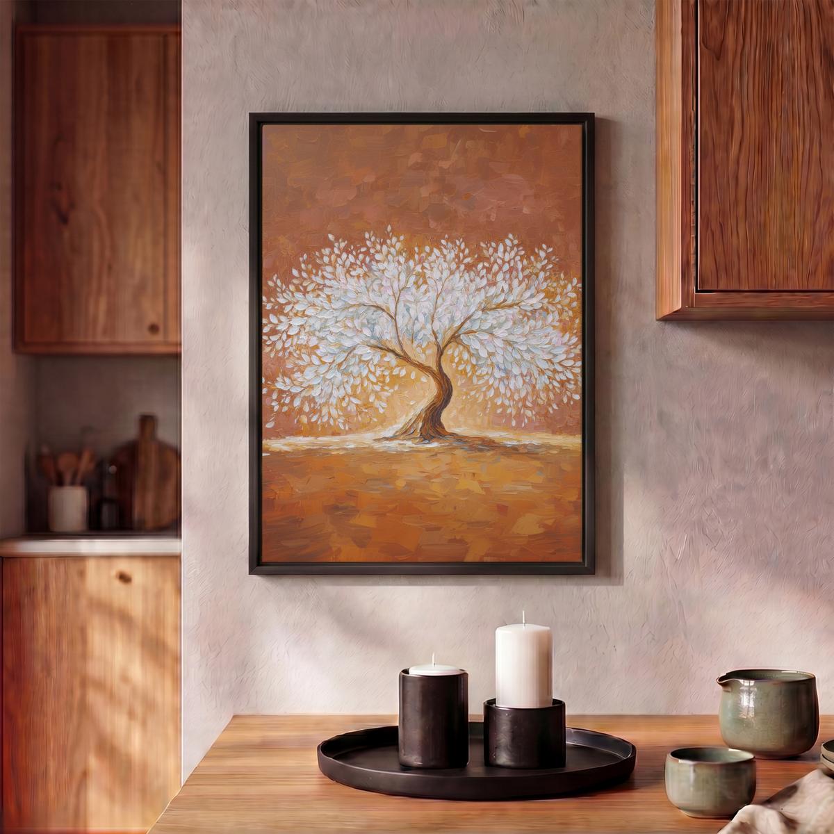 LEINWAND Bilder mit Rahmen - Abstrakt - Baum - Weiß - Blätter - 30x40 - Braun, Textil (30/40cm) - MuchoWow