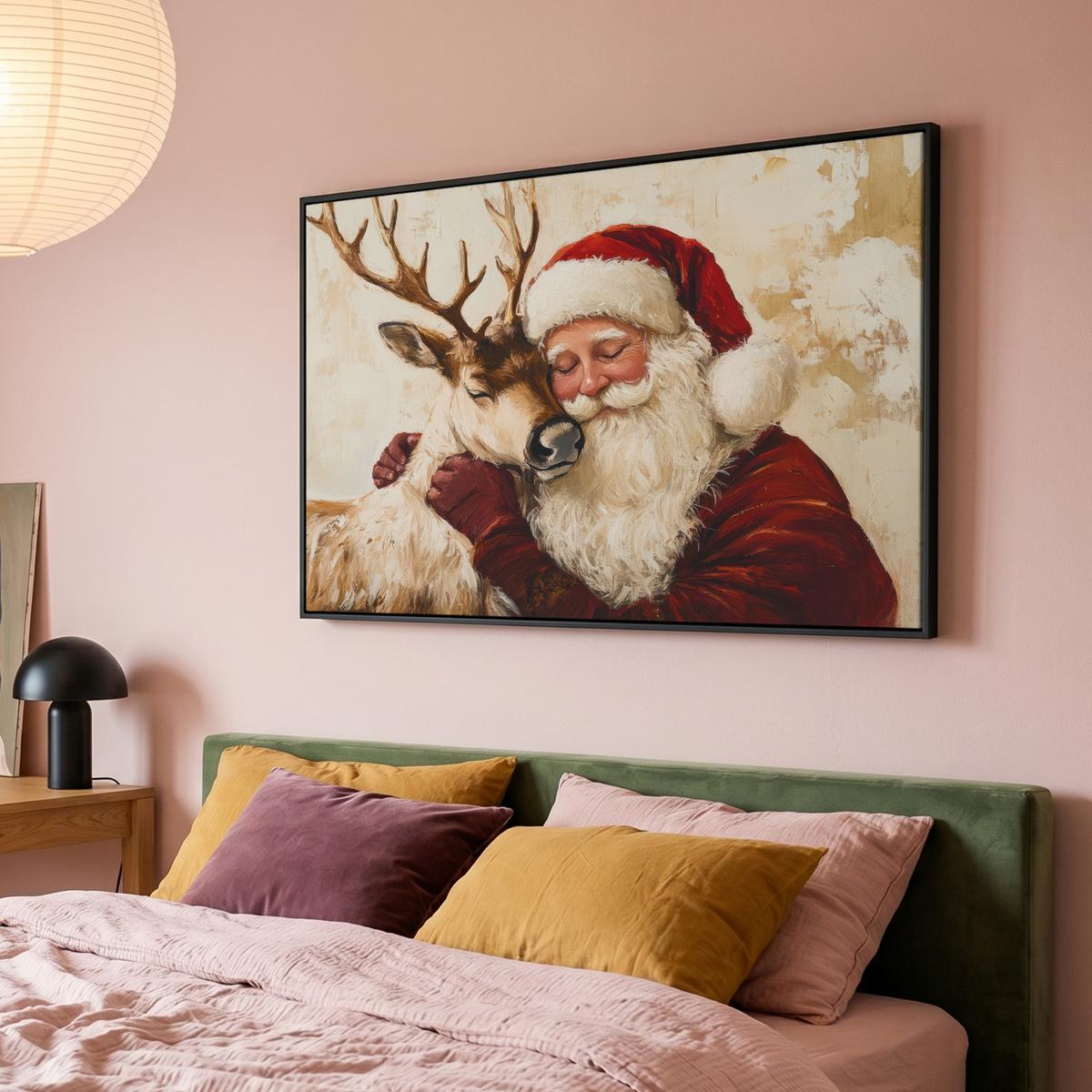 LEINWAND Bilder mit Rahmen - Weihnachtsmann - Rentier - Weihnachten - 150x100 - Rotbraun, Textil (150/100cm) - MuchoWow
