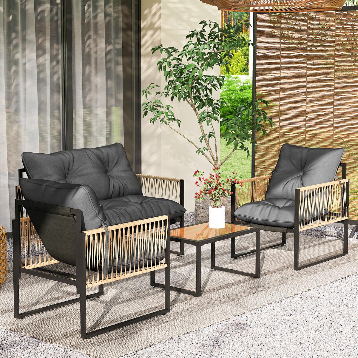 SITZGRUPPE mit Kissen, 4 tlg. Rattan Gartenmöbel-Set, Sitzgarnitur für Garten, Braun - Dunkelgrau, Kunststoff - Outsunny