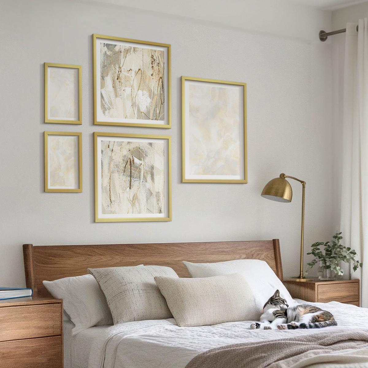 BILDER SET 5er Set - 50x50 cm & 20x30 cm & 40x60 cm Goldrahmen - Helles Strukturfarbendesign - Goldfarben, Kunststoff (40/60cm) - TULUP