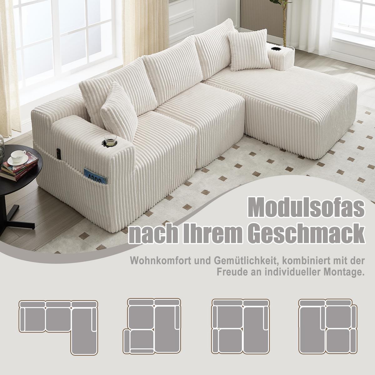 ECKSOFA mit Chaiselongue Cord - Beige, Textil (257/160cm) - Urban Meuble