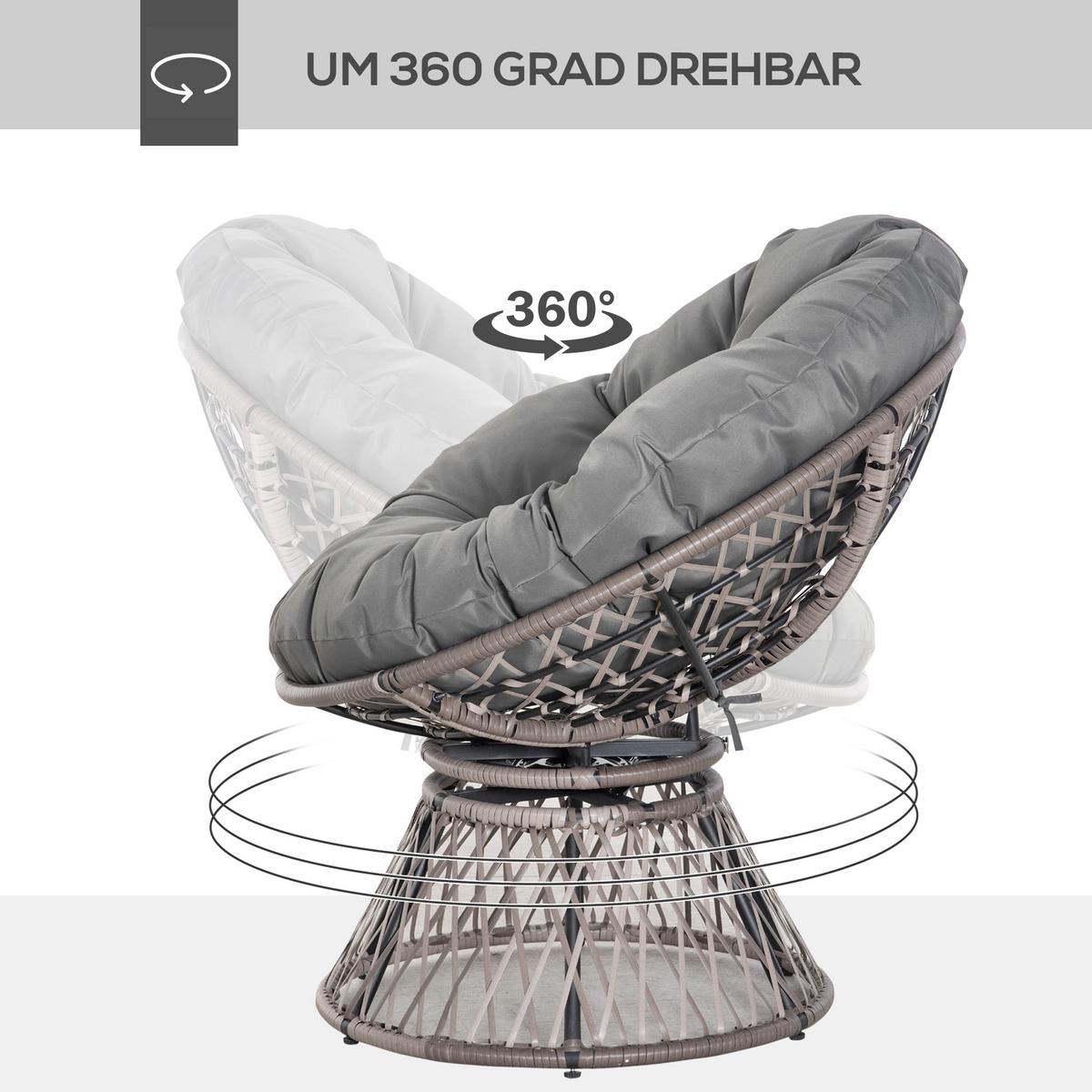 PAPASANSESSEL, Korbsessel, Sessel mit Polster, 360 Grad, Rattan, Grau - Grau, Kunststoff (97/86/87cm) - Outsunny