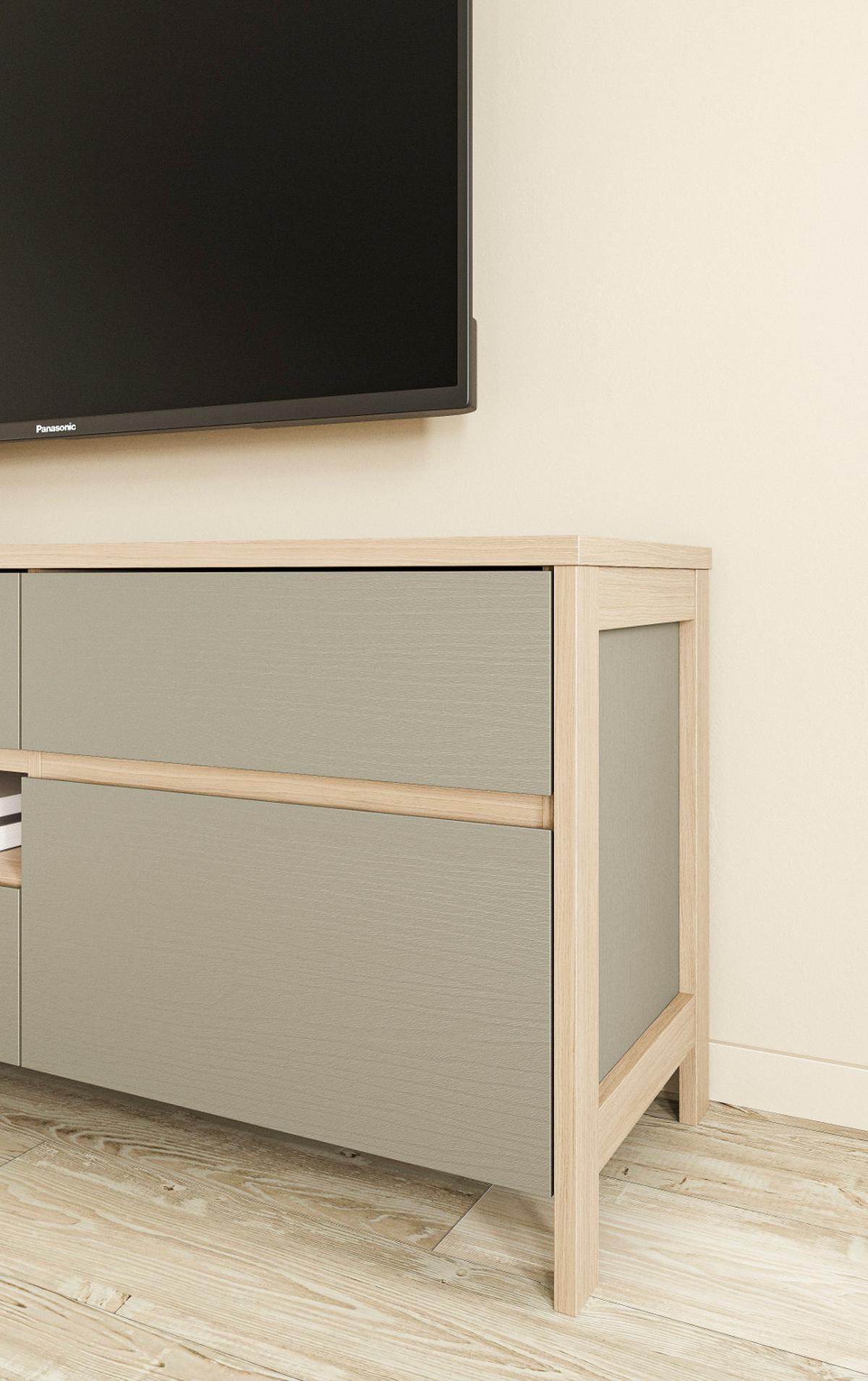 WOHNWAND Salbei grün, Eiche, Wohnkombination skandinavisch 4-teilig 339 cm, Soft-Close - Salbeigrün/Eichefarben, Glas/Holzwerkstoff (339/195/39cm) - Furn.Design