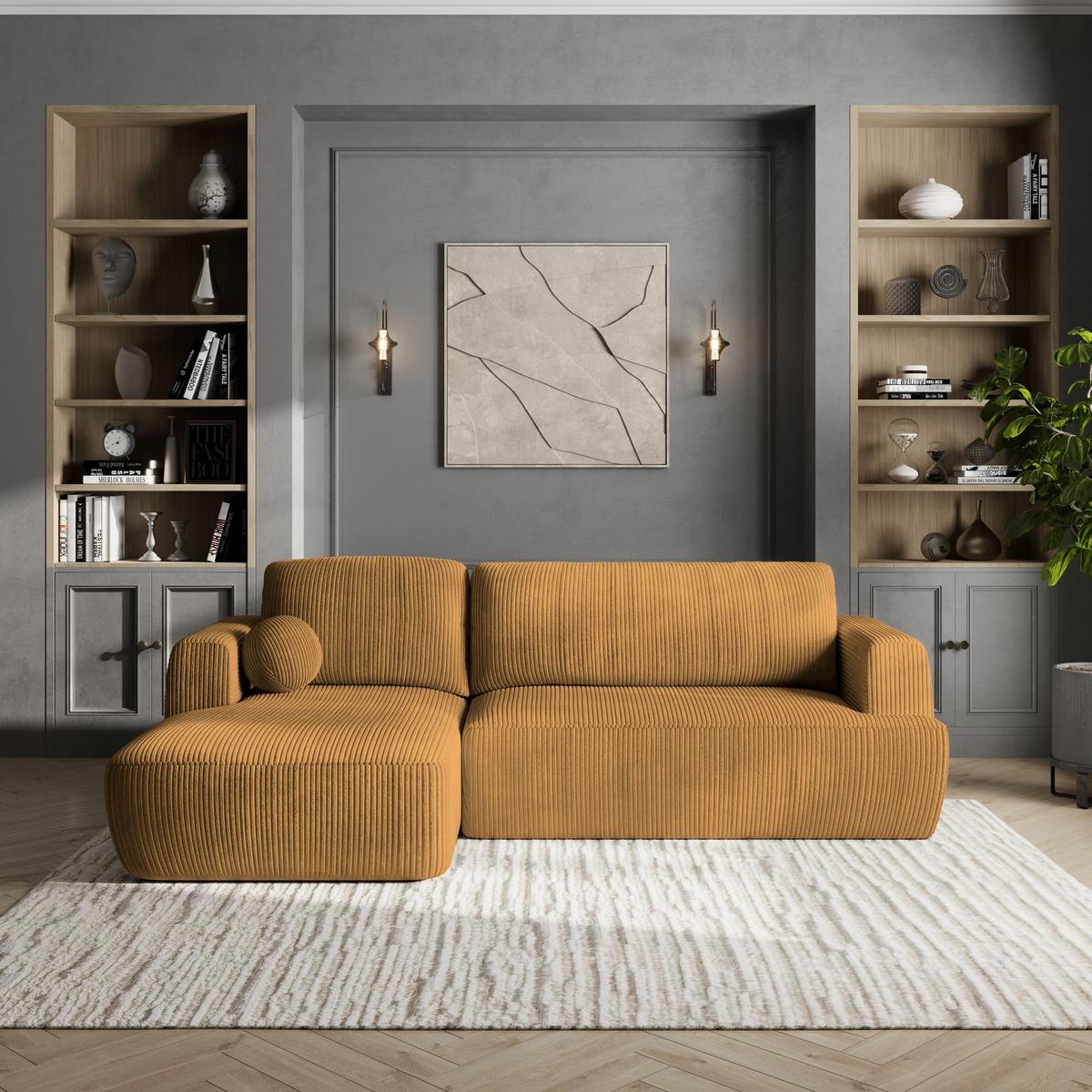 ECKSOFA SENTI P L-S Gelb Kordstoff mit Schlaffunktion - Gelb/Schwarz, Holz/Kunststoff (246/148cm) - MASSENO
