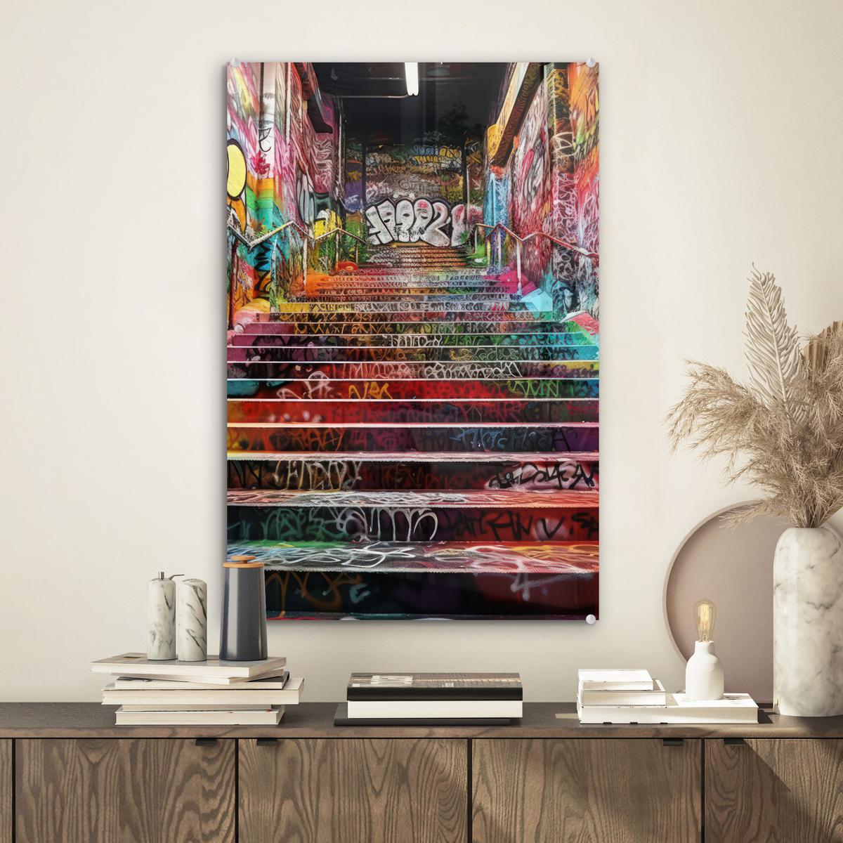 ACRYLGLASBILD Treppe - Graffiti - Farben - Kunst Wanddeko Wohnzimmer 40x60 cm - Multicolor, Glas (40/60cm) - MuchoWow