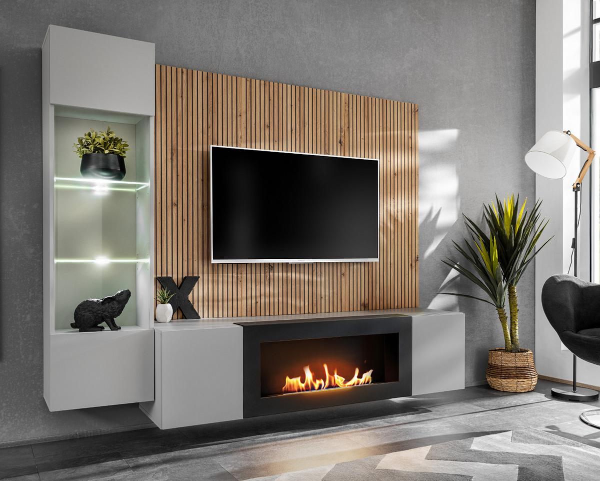 WOHNWAND hellgrau, schwarz, Eiche Artisan 200 cm, Schrankwand inklusive Ethanol Kamin und Beleuchtung - Hellgrau/Schwarz, Glas/Holzwerkstoff (200/148/35cm) - Inn.Furn