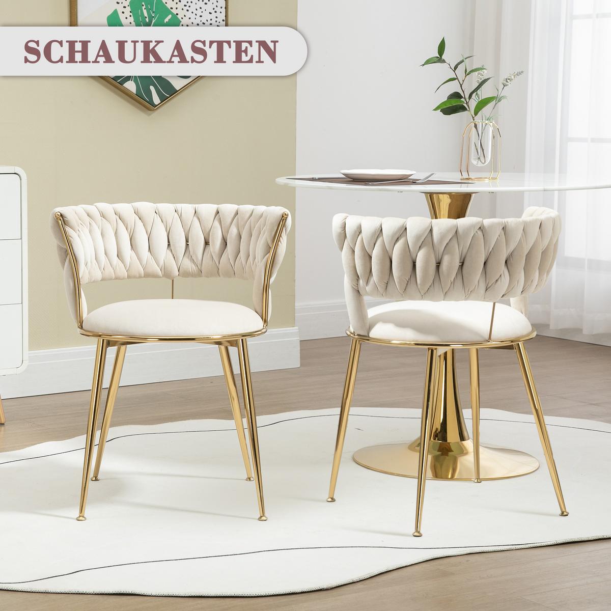 ESSZIMMERSTUHL 2er Set Samt Ivory & Gold mit geflochtener Rückenlehne - Magnolie, Textil (57/70/43cm) - Urban Meuble