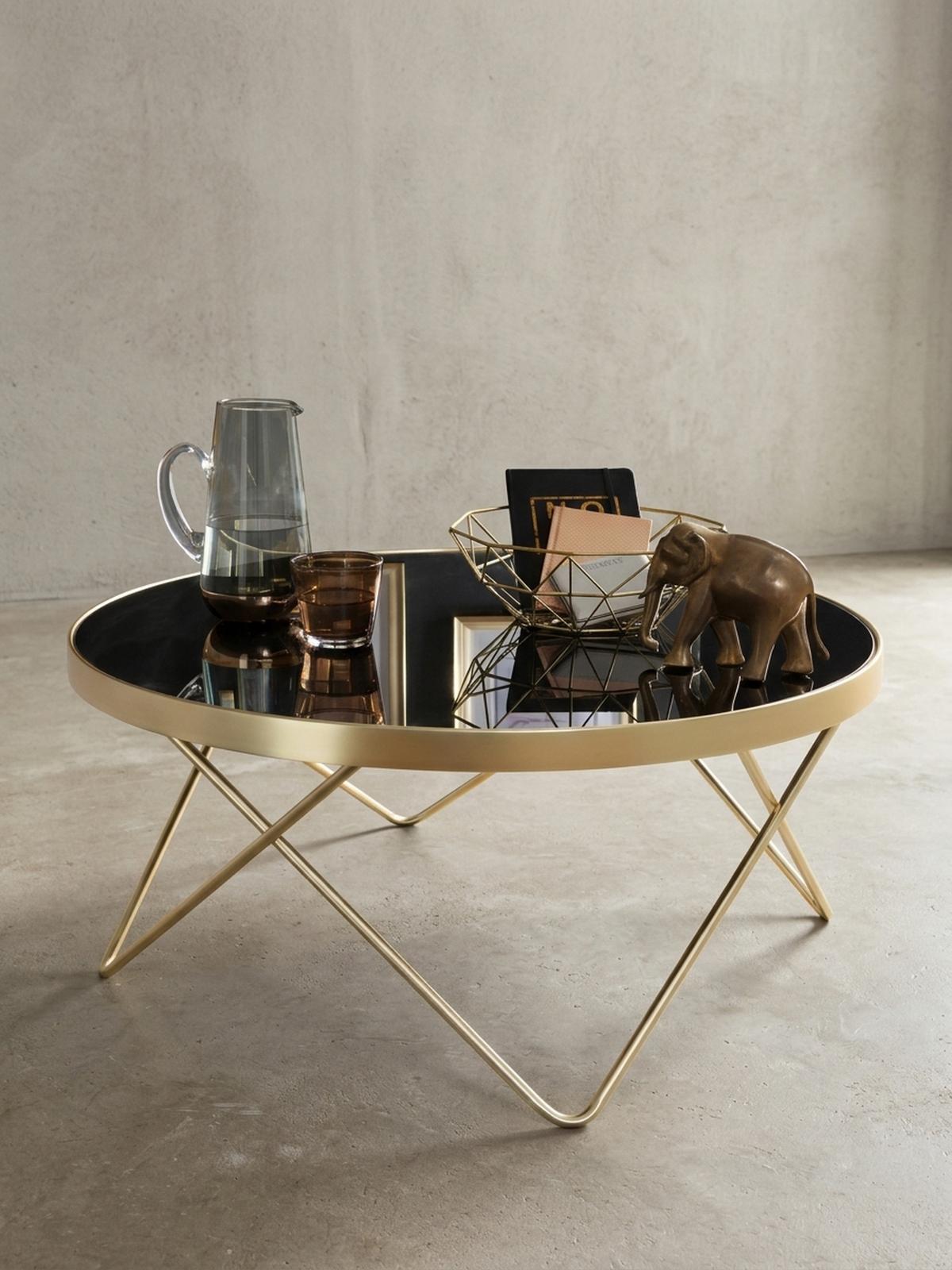BEISTELLTISCH Schwarz Glasplatte Goldene Beine Retro-Stil 82cm Durchmesser - Goldfarben/Schwarz, Glas/Metall (82/82/39cm) - KADIMA DESIGN