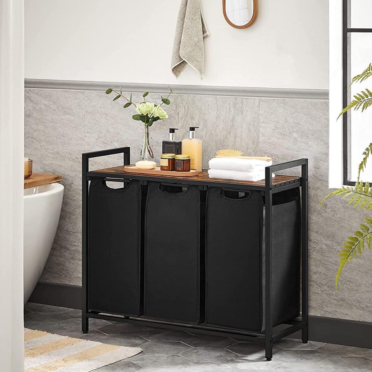 WÄSCHEBEHÄLTER mit 3 Fächern 38L - Schwarz, Holzwerkstoff (33/72/97.5cm) - Calicosy