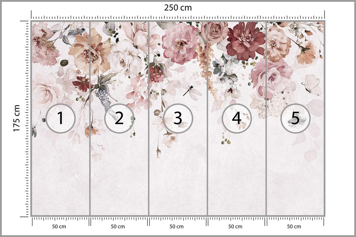 FOTOTAPETE für Schlafzimmer Aquarell Bunte Blumen Ranken Blätter 250x175 - Rot/Rosa, Papier (250/175cm) - Muralo