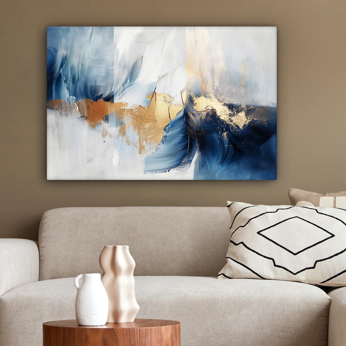 LEINWANDBILD Gold - Blau - Aquarell - Kunst - Modern Gemälde 60x40 cm - Hellblau, Textil (60/40cm) - MuchoWow