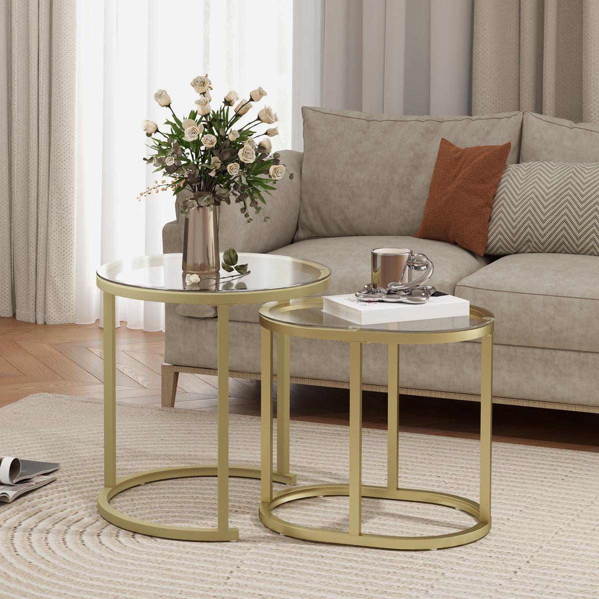 COUCHTISCH rund 2er Set Stapelbarer Beistelltisch mit Stahlrahmen für Wohnzimmer - Goldfarben, Metall (50/50/50.5cm) - HOMCOM