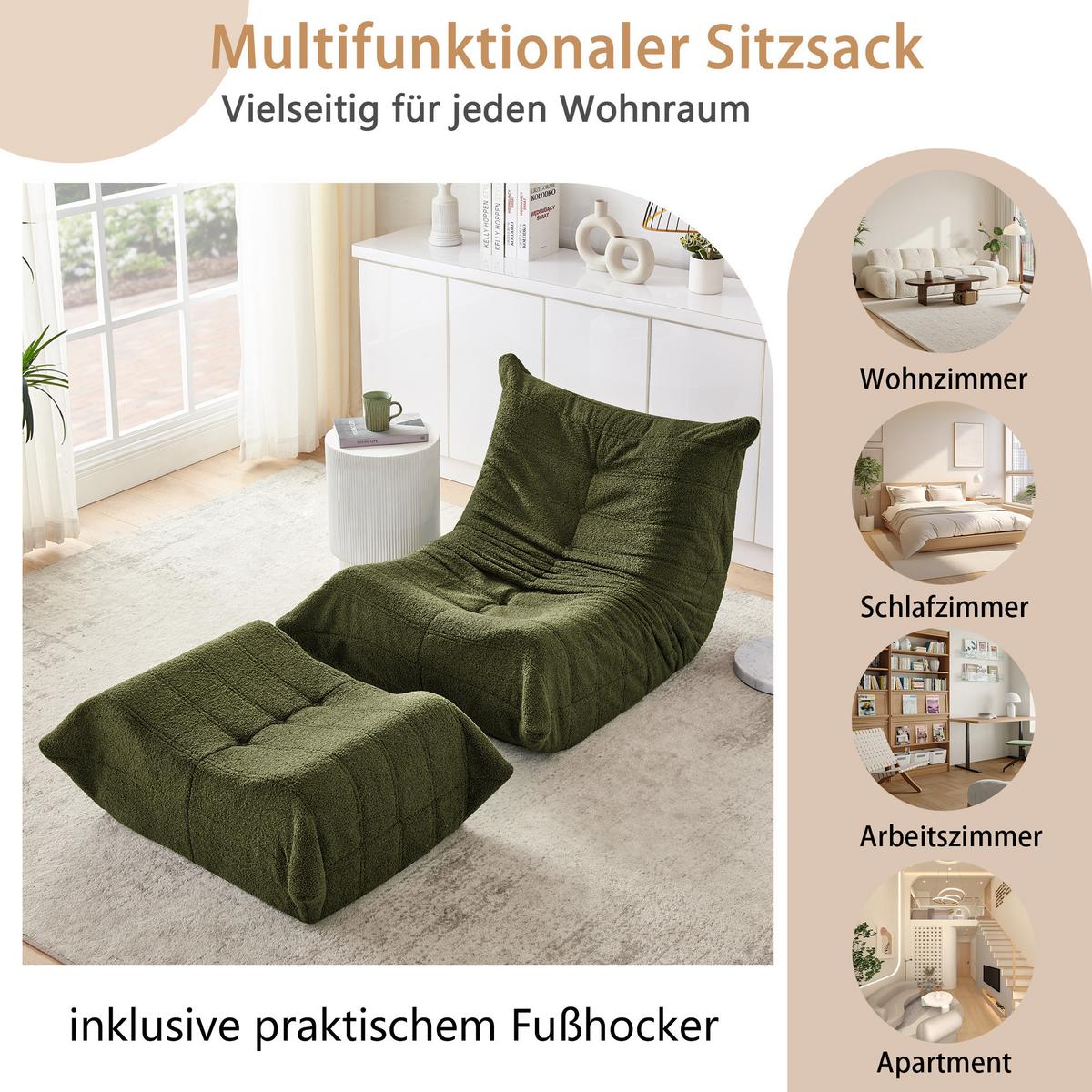 LAZY SOFA Teddyfell Optik mit Hocker weich & ergonomisch - Grün, Textil (100/70/90cm) - Urban Meuble