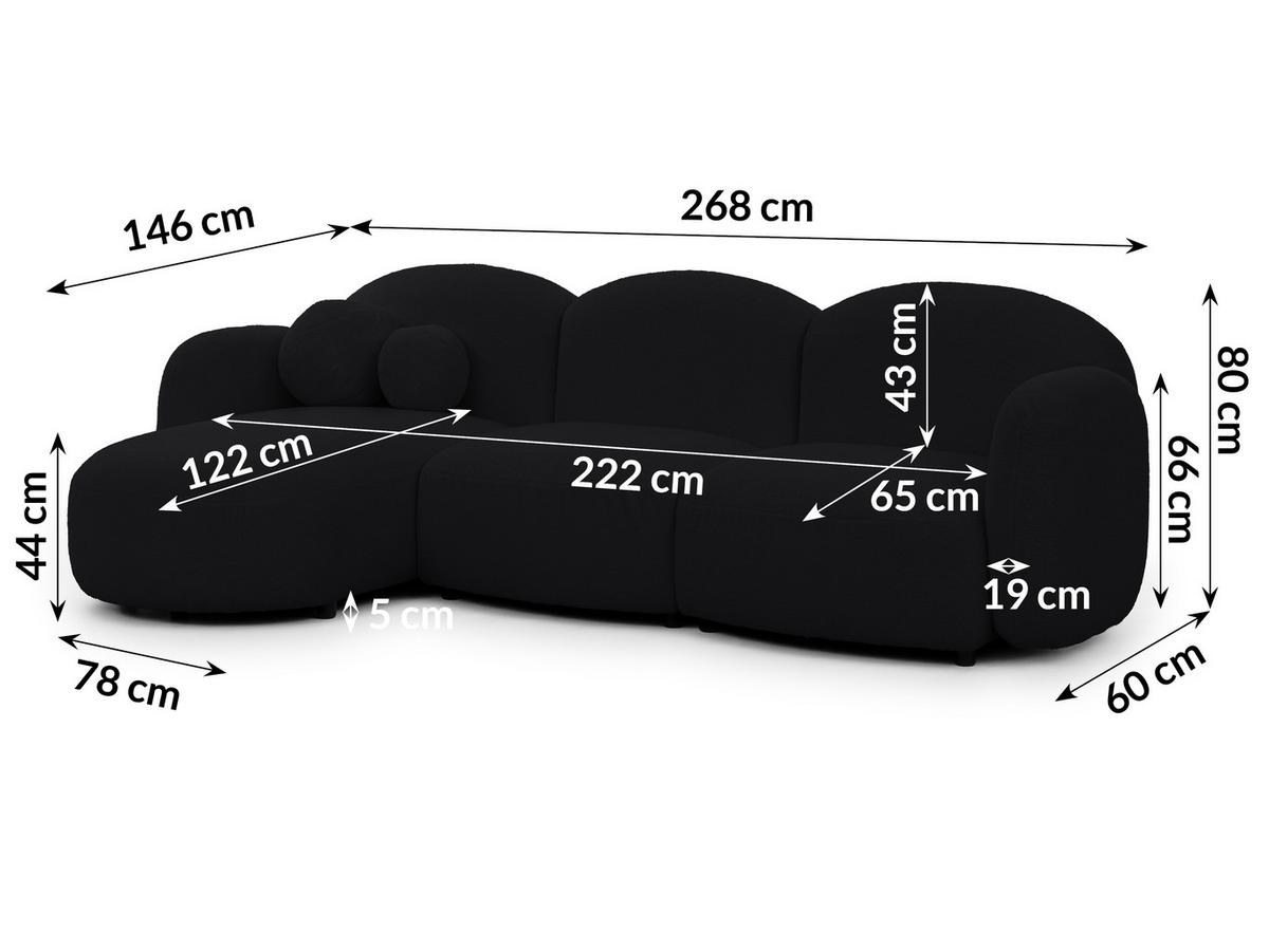 ECKSOFA Nuvola mit abgerundetem Design Schwarz Bouclé-Stoff - Ottomane Links - Schwarz, Holz/Kunststoff (268/146cm) - S-Style