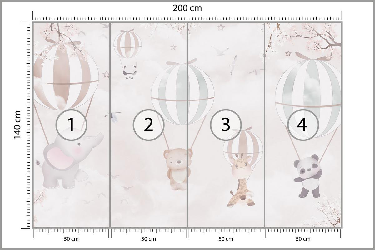 FOTOTAPETE für Kinderzimmer Tiere Himmel Elefant Giraffe Panda Vögel Ballons 200x140 - Multicolor, Papier (200/140cm) - Muralo