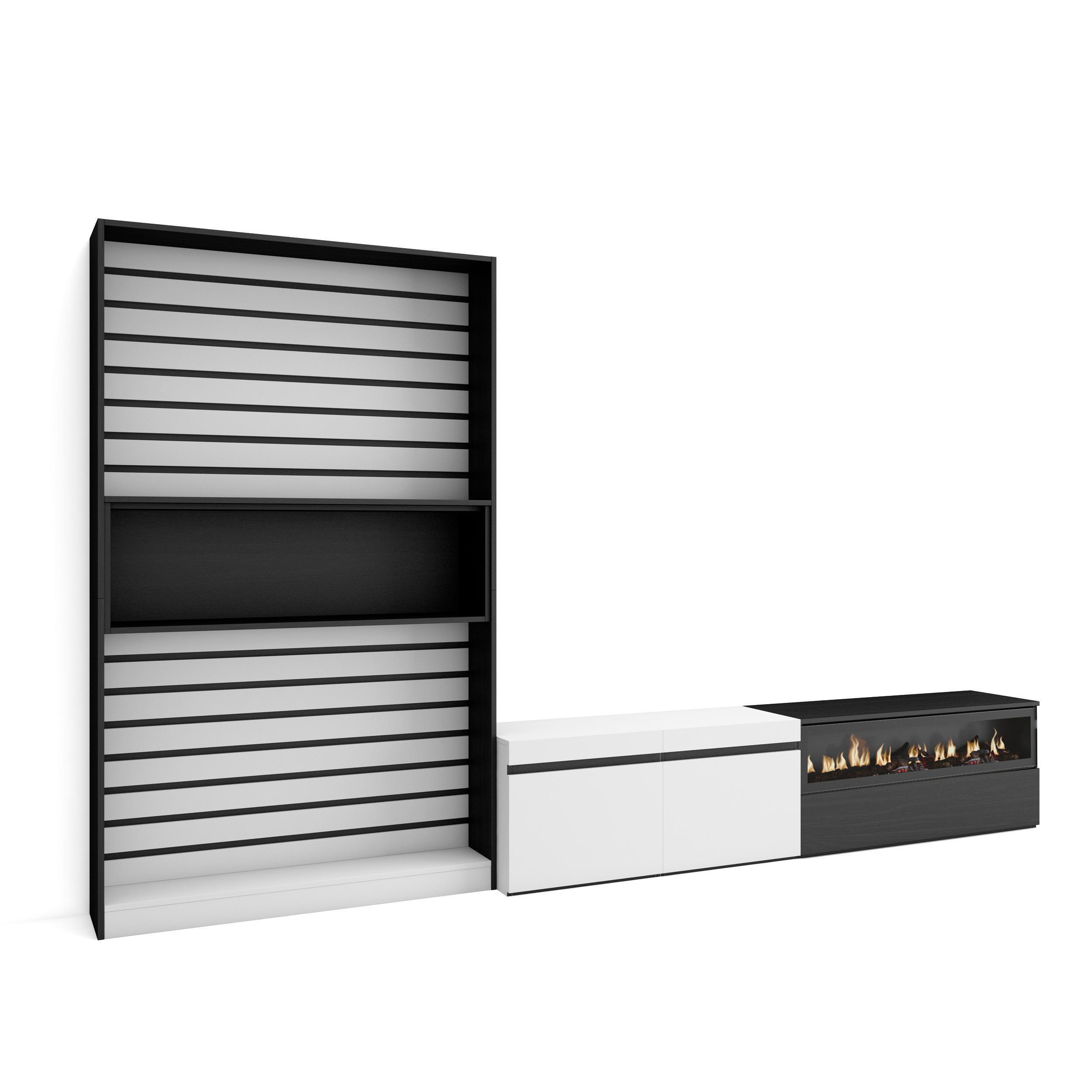 WOHNWAND Wohnzimmer, weiß und schwarz, Elektrokamin,, 310/35/186cm - Schwarz/Weiß, Holzwerkstoff (310/186/35cm) - Skraut Home