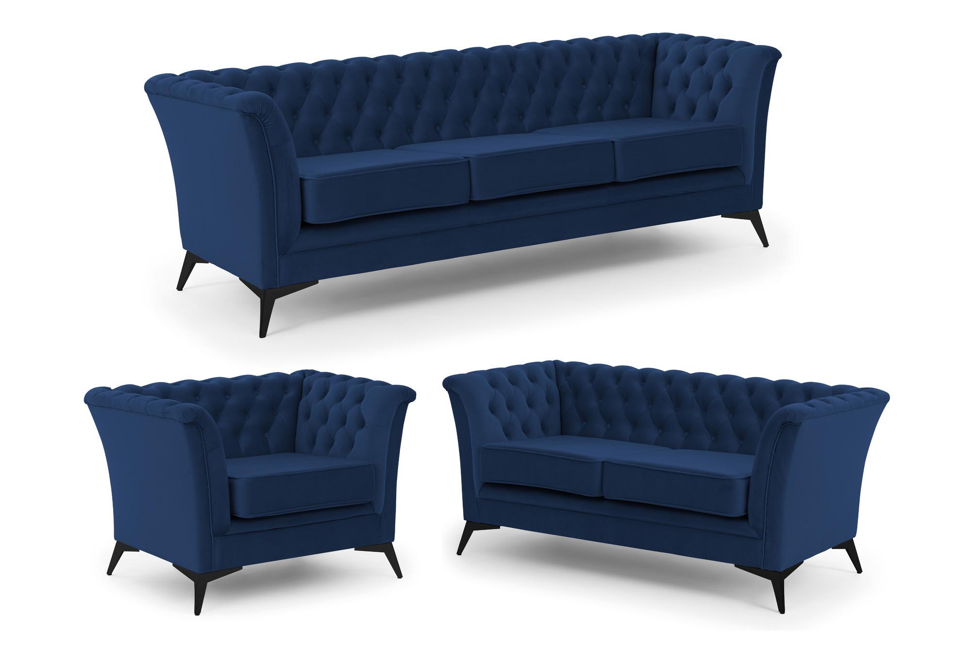 SITZGARNITUR 3+2+1 Chesterfield Whitby Marineblau Samt mit schwarzen Füßen - Blau/Schwarz, Holz/Textil (237/78/82cm) - S-Style Möbel