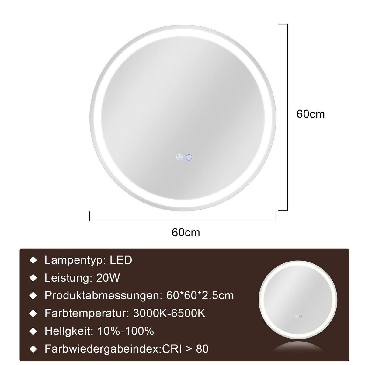 BADEZIMMERSPIEGEL Mainz mit LED-Leuchte Ø60 cm - Weiß, Glas (60/2.5/60cm) - Nettlife
