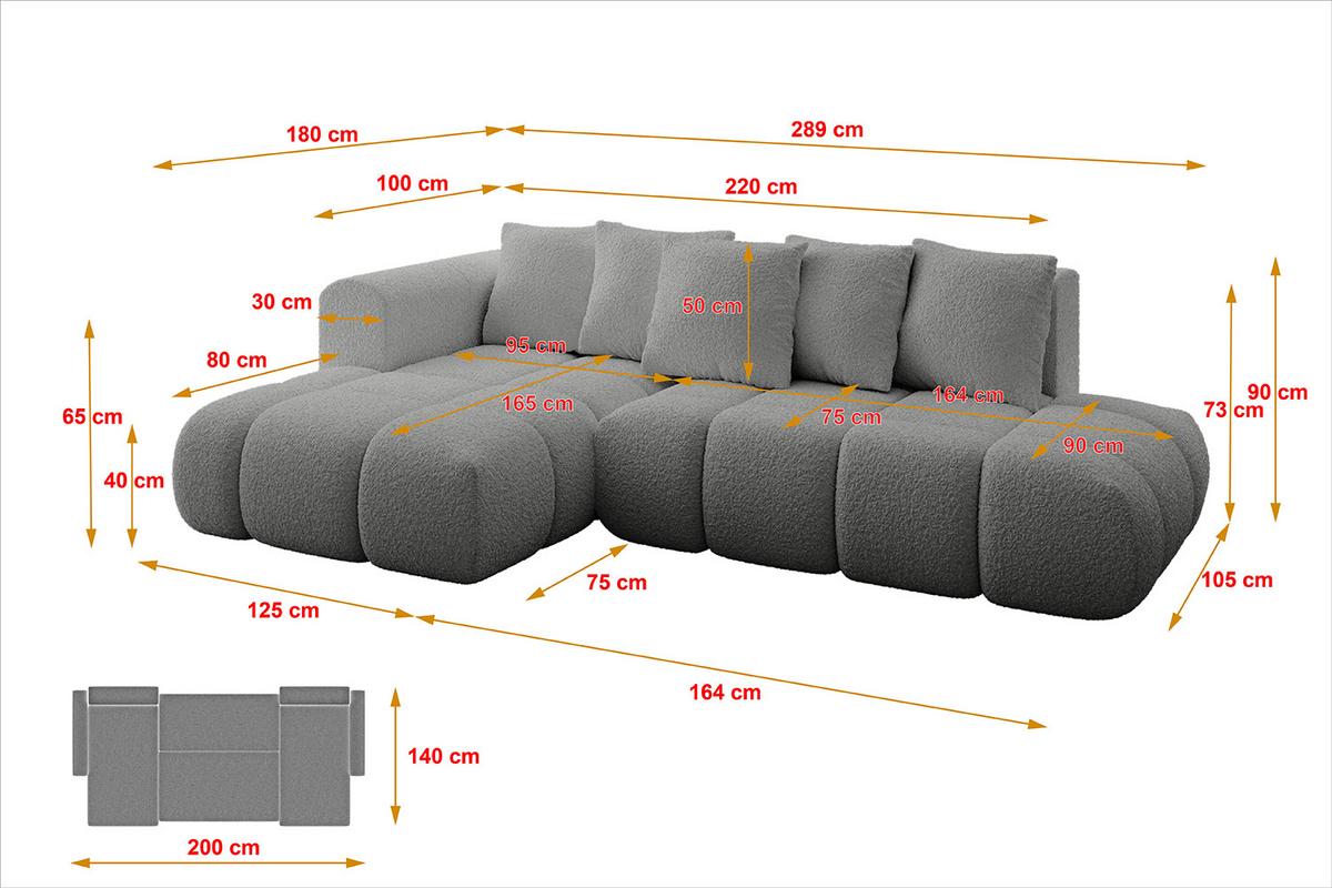 ECKSOFA Ottomane Links CLOUD-L-v1 280x185x90 Hellgrau Bouclé - Hellgrau, Holzwerkstoff/Kunststoff (180/289cm) - ALTDECOR