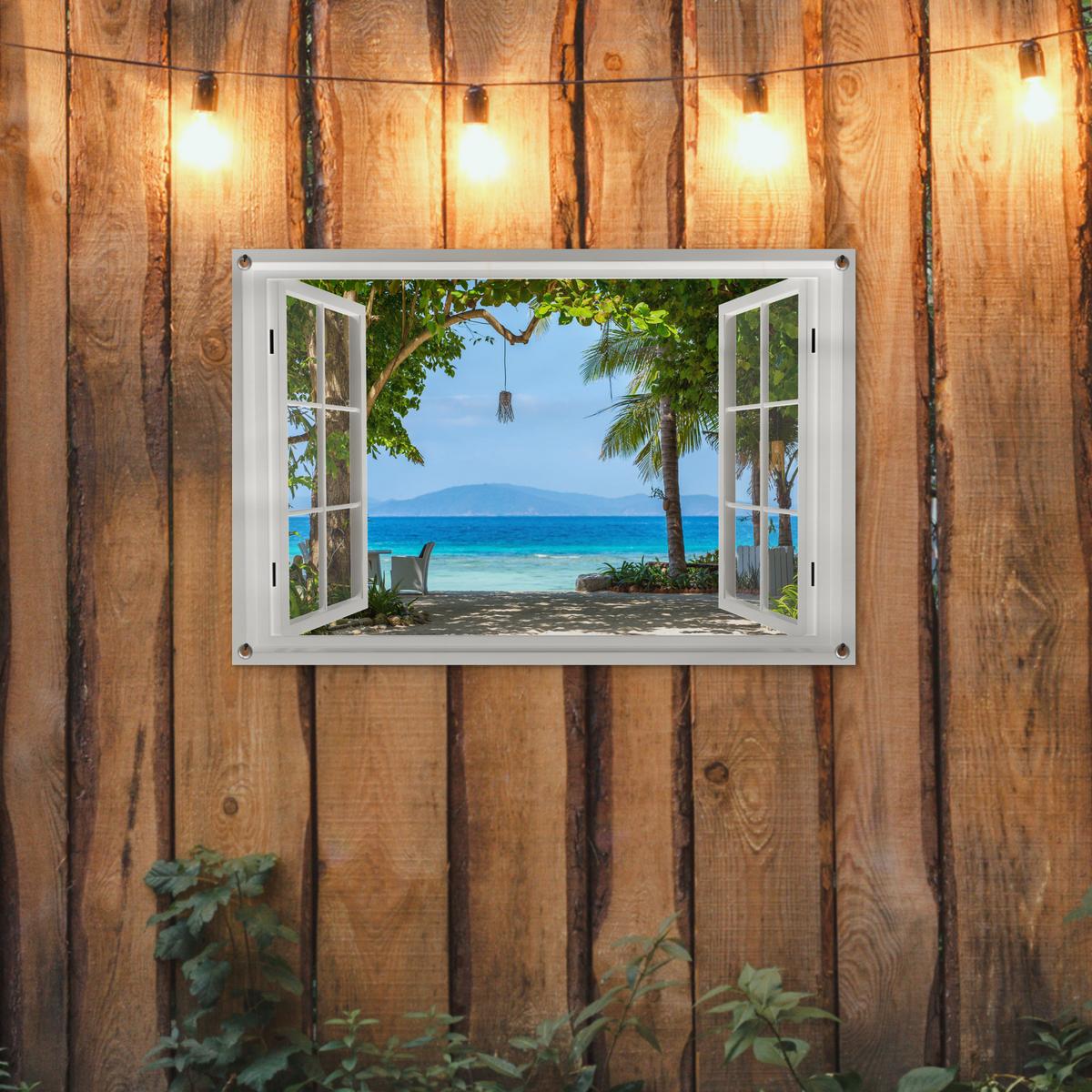 GARTENPOSTER Aussicht - Baum - Meer - Palme - Hügel - Strand - Blau Gartendeko 90x60 cm - Weiß, Kunststoff (90/60/0.2cm) - OnlyWow