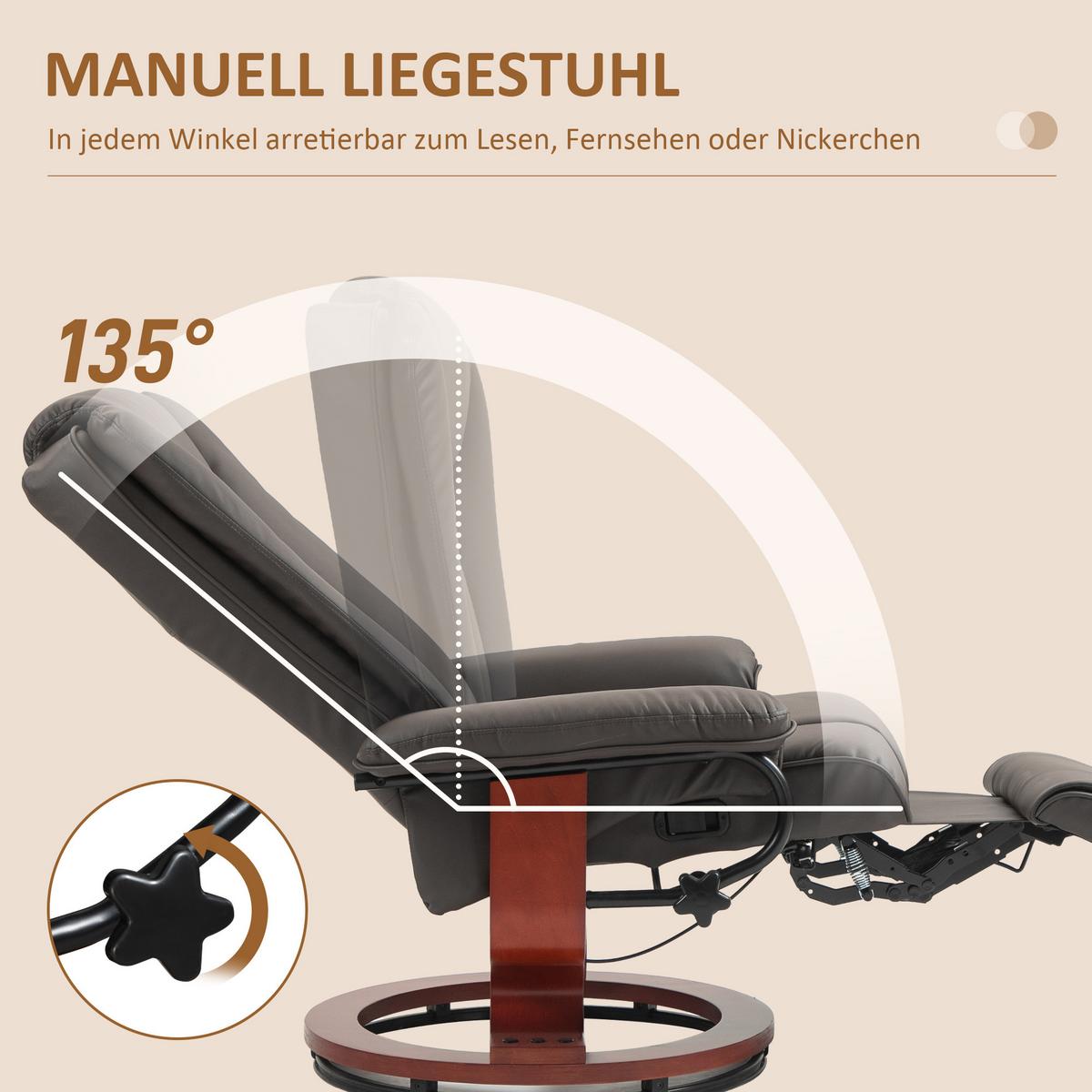 RELAXSESSEL, drehbarer TV-Sessel, Liegefunktion, Fußstütze, Lederoptik, Braun - Rotbraun/Braun, Leder/Holzwerkstoff (88/103/78cm) - HOMCOM