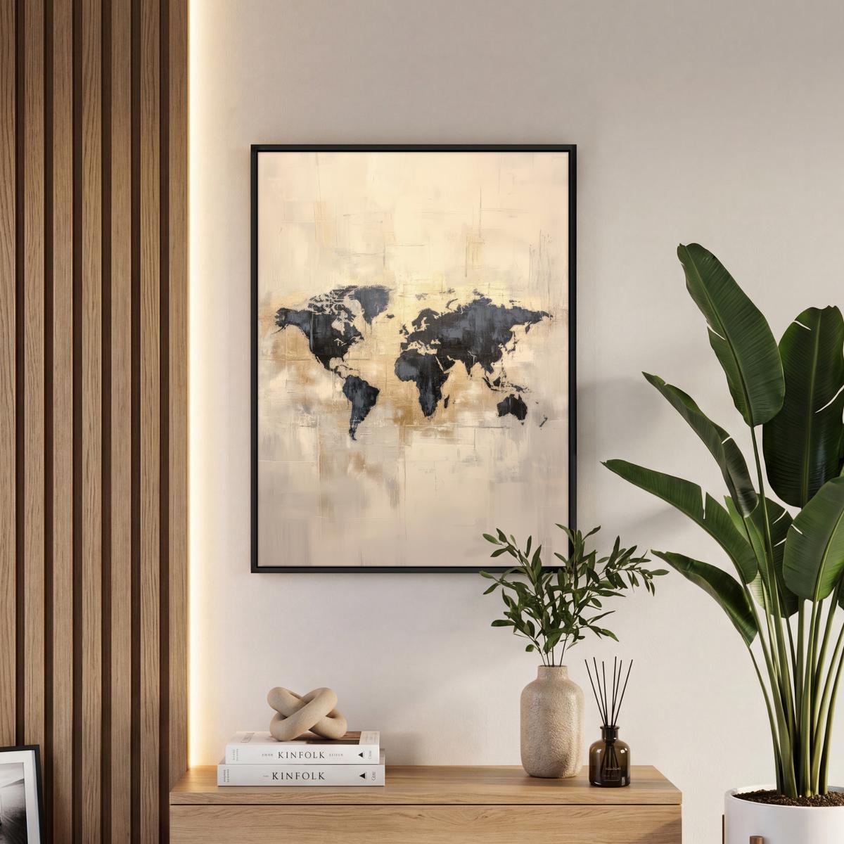 LEINWAND Bilder mit Rahmen - Weltkarte - Gold - Schwarz - Abstrakt - 50x70 - Kupferfarben, Textil (50/70cm) - MuchoWow