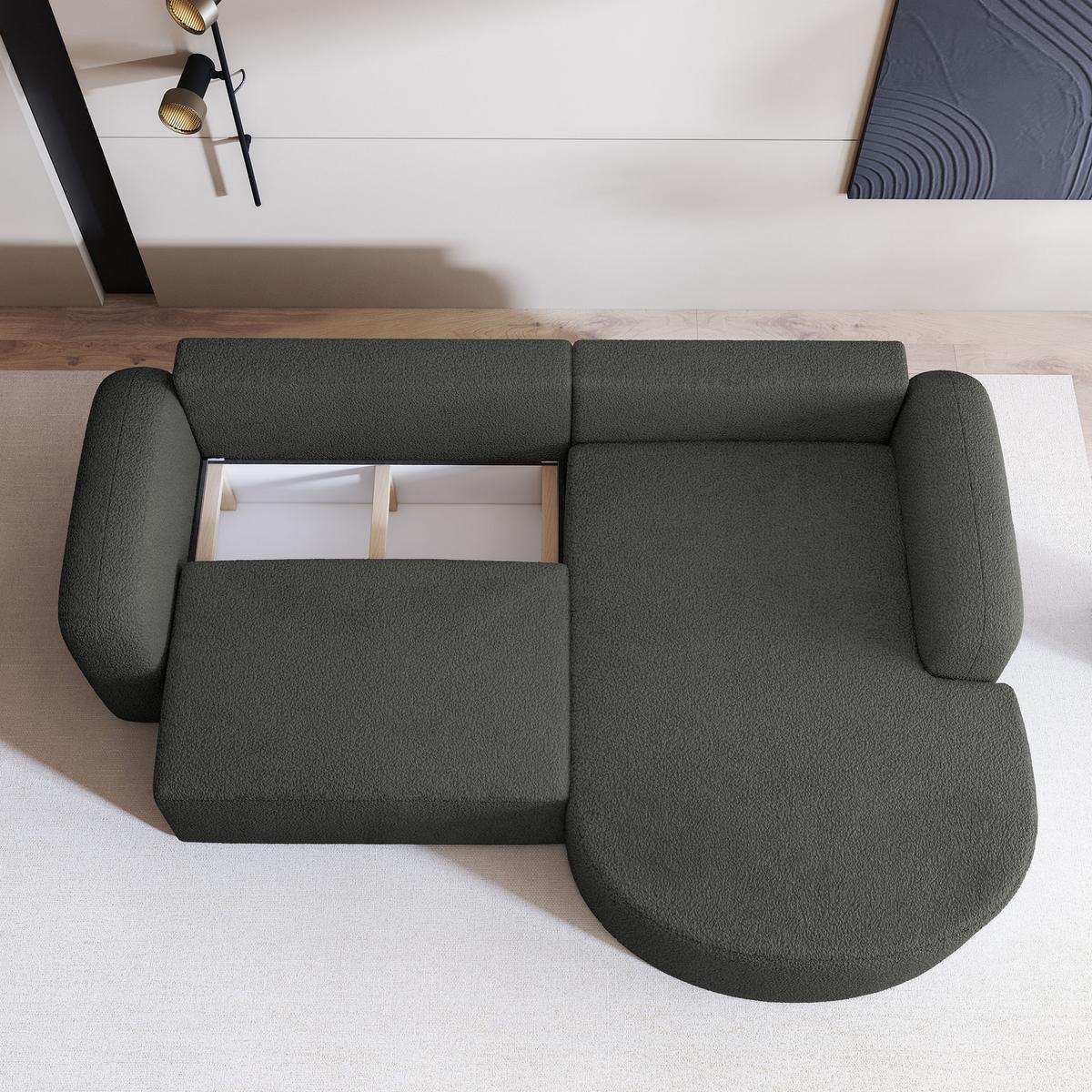 ECKSOFA AMILIA R-S Grau Boucle-Stoff mit Schlaffunktion - Grau, Holz (263/174cm) - MASSENO