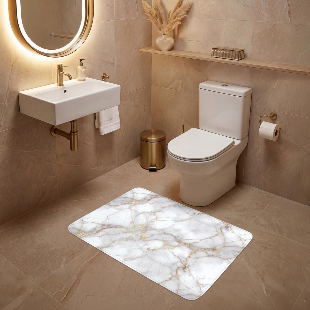 WC-VORLEGER Weiß - Gold - Marmor - Grau Toilettenteppich 90x60 cm - Weiß, Textil (90/1cm) - OnlyWow