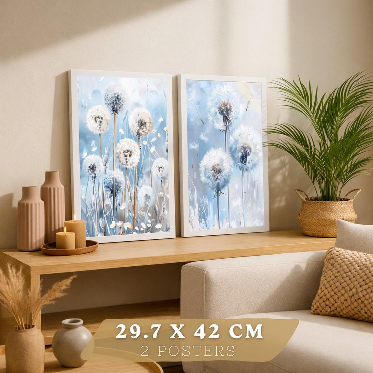 POSTER 2er Kunstdruck-Set Wandbilder Blumen Blau modern Wohnzimmer Deko, Schlafzimmer, Küche, Badezimmer Weißer Rahmen A4 - Weiß, Papier (29.7/1/21cm) - Nacnic